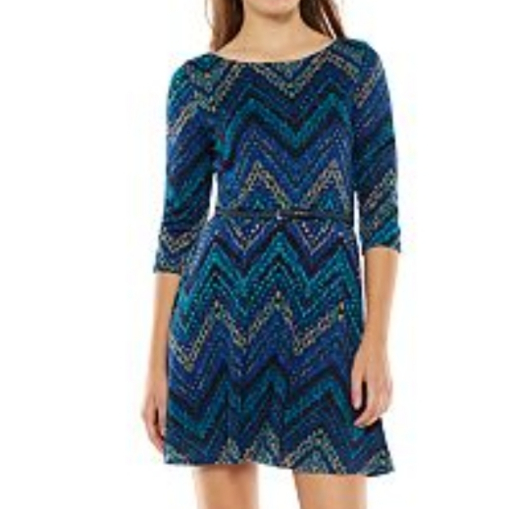 Lily Rose Juniors Size Medium Dress Skater Chevron Hatchi Blue Green Belt